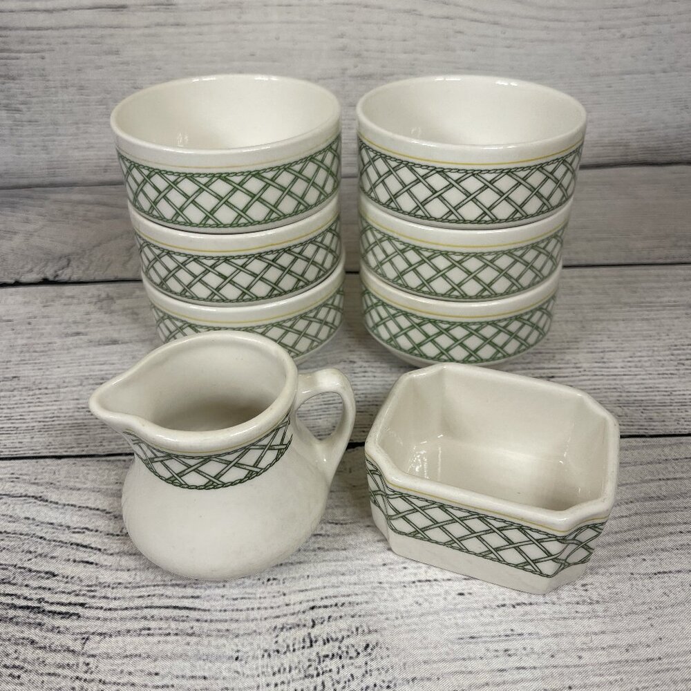 Buffalo China USA Green Yello Lattice Milk Pitcher With Butter Dish 6 Bo…